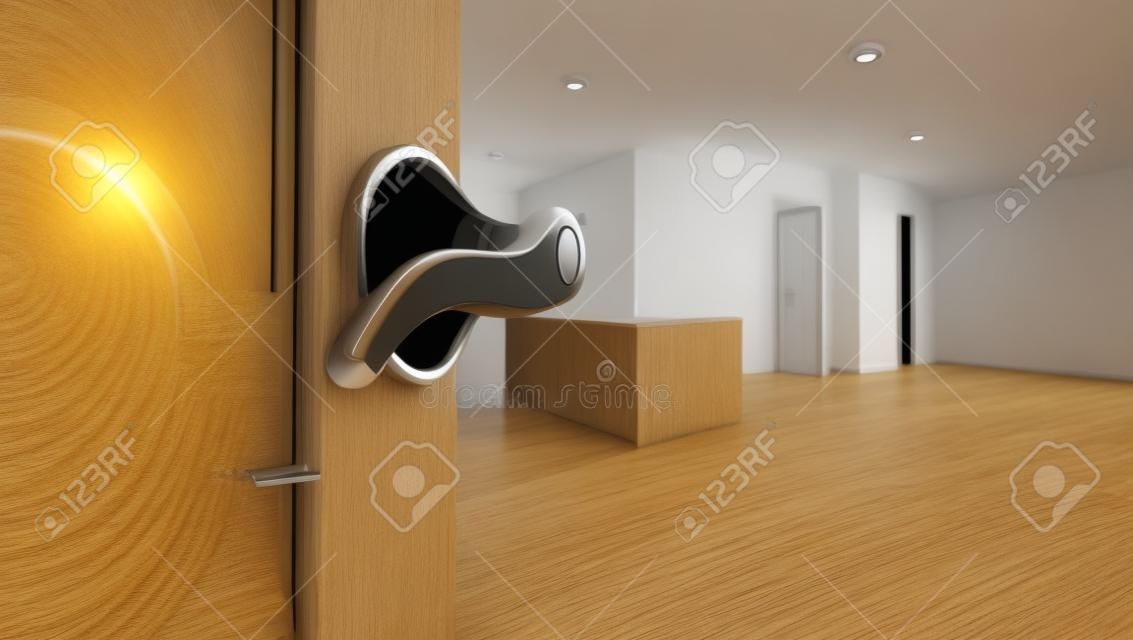 Half open apartment door opening to empty room. 3D illustration.