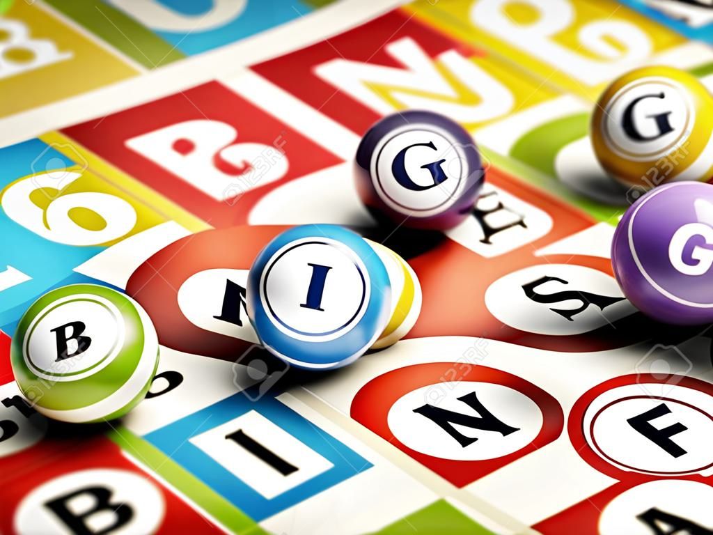 Carte da gioco BINGO e palline che formano la parola bingo. illustrazione 3D.