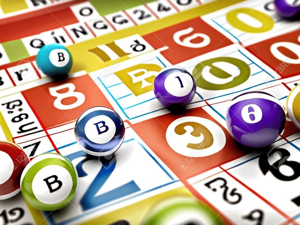 Carte da gioco BINGO e palline che formano la parola bingo. illustrazione 3D.