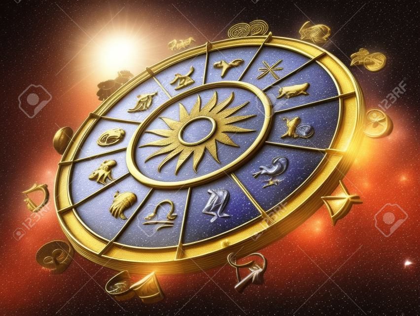 La ruota dell'oroscopo con i segni zodiacali e le costellazioni dello zodiaco. illustrazione 3D.