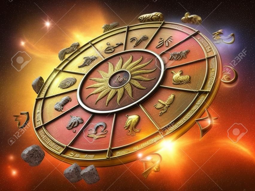 La ruota dell'oroscopo con i segni zodiacali e le costellazioni dello zodiaco. illustrazione 3D.