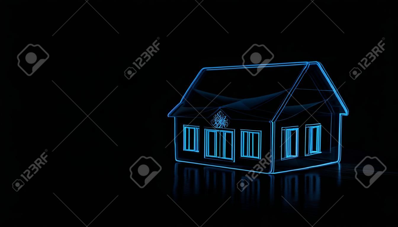 3D-Techno-neonblau leuchtender Drahtrahmen mit Pannen Symbol des Hauses mit drei großen Fenstern isoliert auf schwarzem Hintergrund mit verzerrter Reflexion auf dem Boden