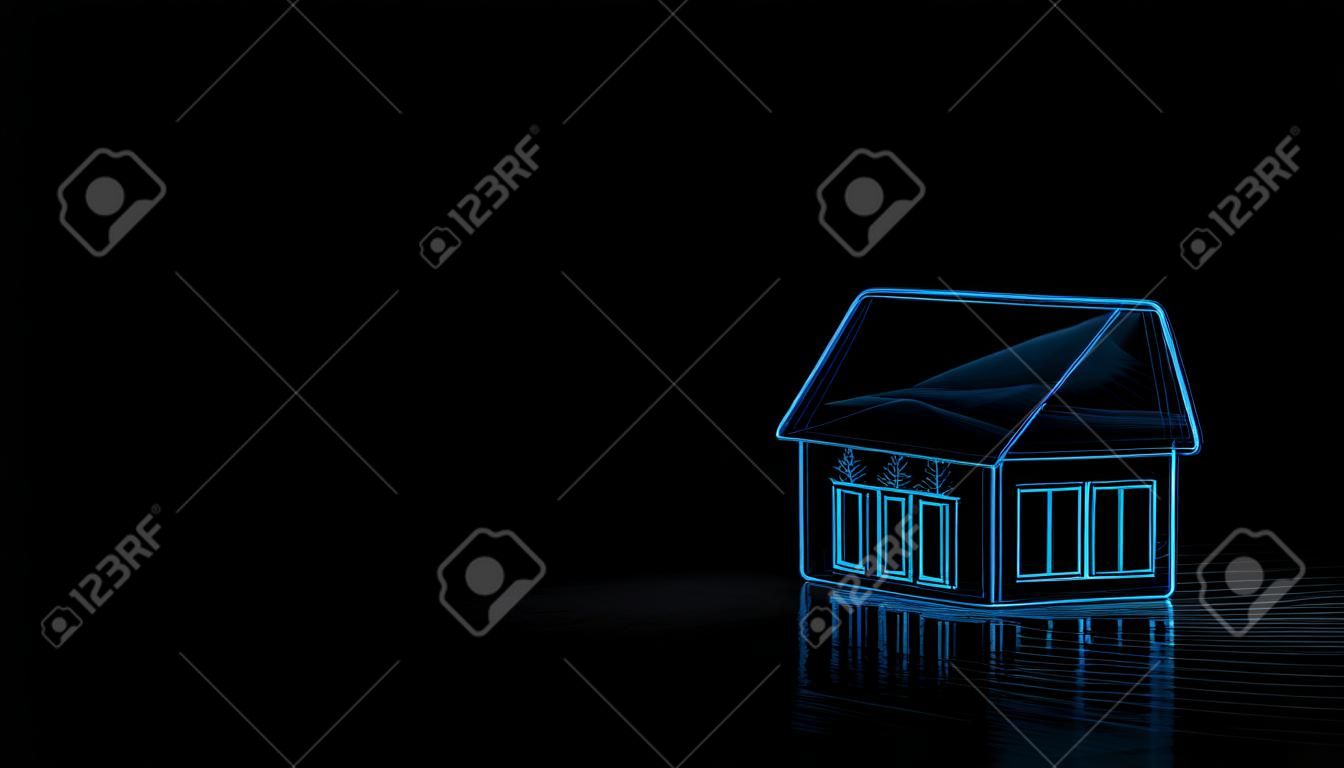 3D-Techno-neonblau leuchtender Drahtrahmen mit Pannen Symbol des Hauses mit drei großen Fenstern isoliert auf schwarzem Hintergrund mit verzerrter Reflexion auf dem Boden