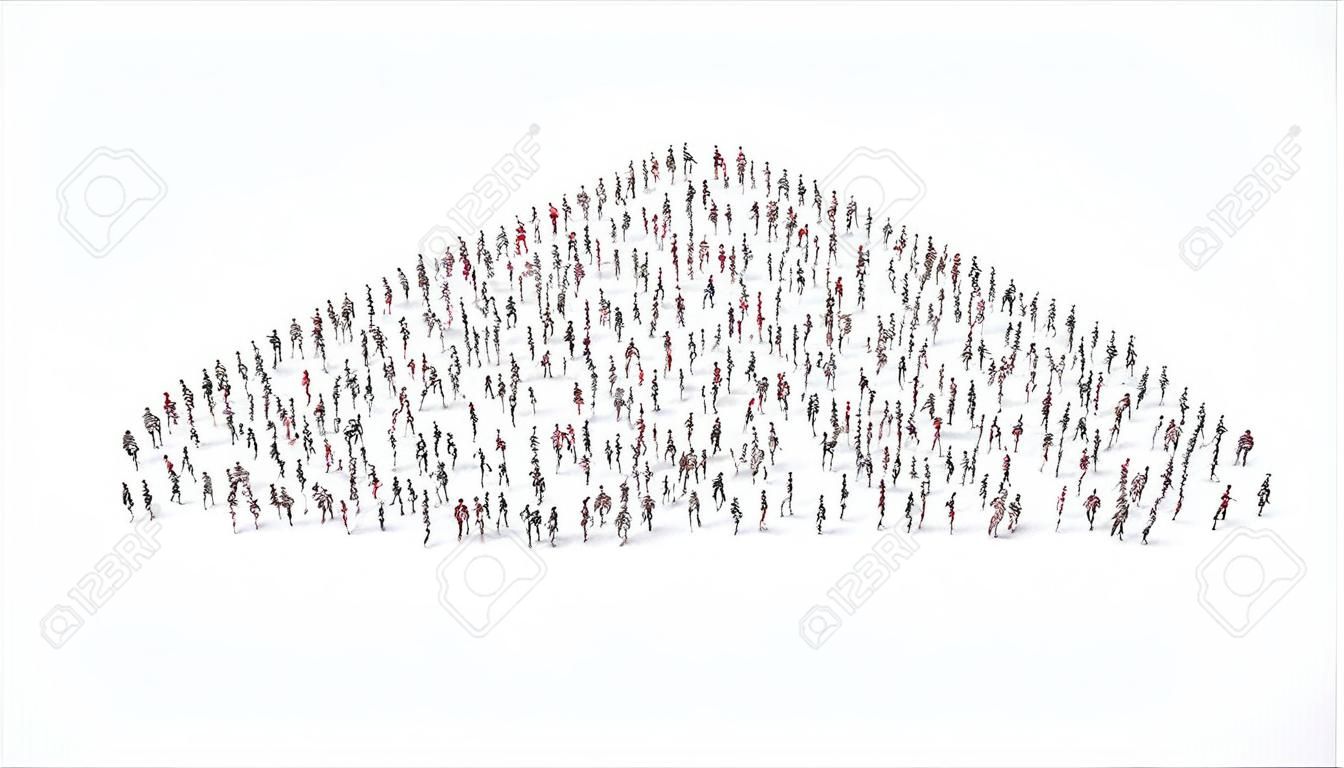 3d rendering of crowd of different people in shape of symbol of eject symbol   on white background isolated