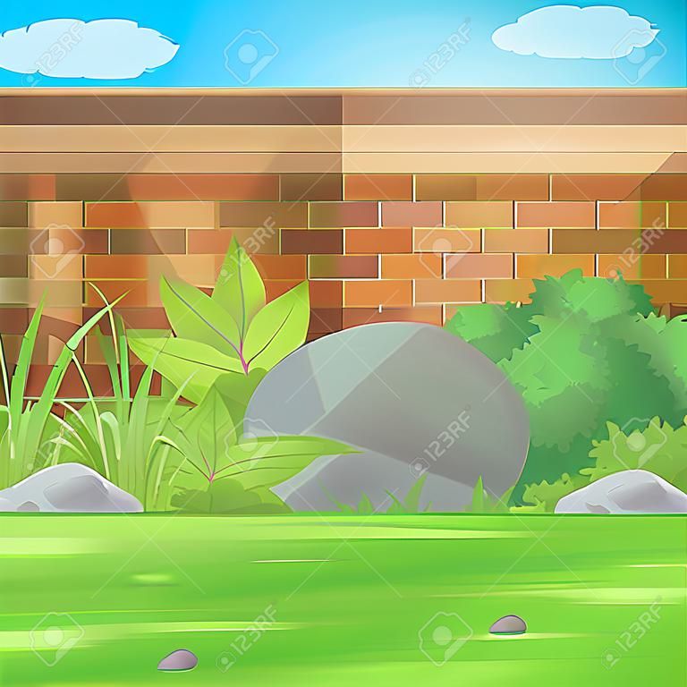 Backyard Garden With Bricks Wall, Various Plants and Blue Sky With Clouds.Vector Illustration.
