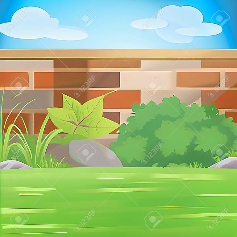 Backyard Garden With Bricks Wall, Various Plants and Blue Sky With Clouds.Vector Illustration.