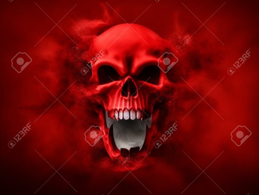 Rood en wit schreeuwende demon schedel desintegreren in stof