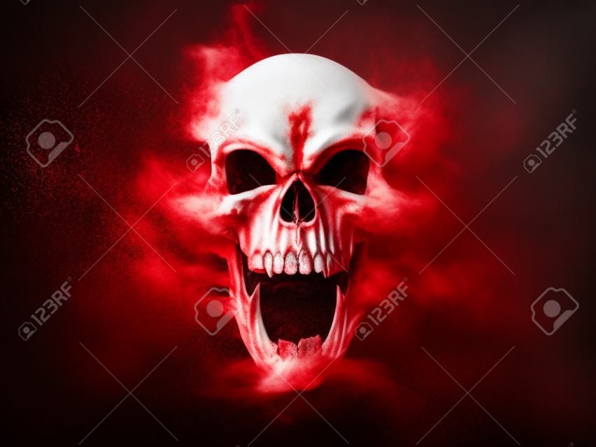 Cráneo de demonio gritando rojo y blanco desintegrándose en polvo