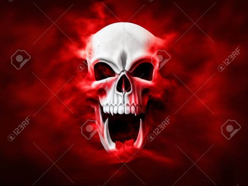 Crânio de demônio gritando vermelho e branco se desintegrando em pó