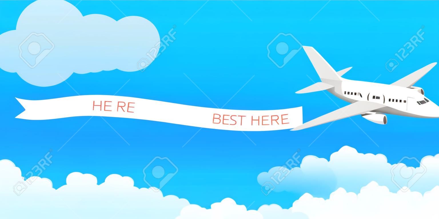 Airplane banner in flat style. Speed airplane aircraft jet with advertising banner ribbon in the cloudy sky. Vector stock illustration.