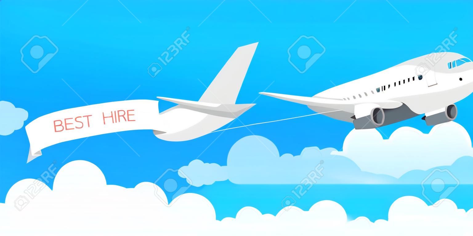 Vliegtuig banner in platte stijl. Snelheid vliegtuig vliegtuig jet met reclame banner lint in de bewolkte lucht. Vector voorraad illustratie.