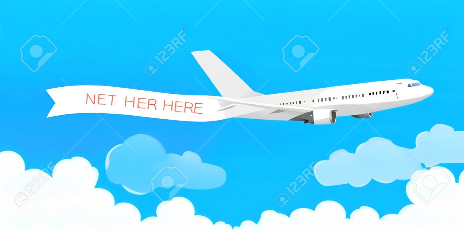 Airplane banner in flat style. Speed airplane aircraft jet with advertising banner ribbon in the cloudy sky. Vector stock illustration.