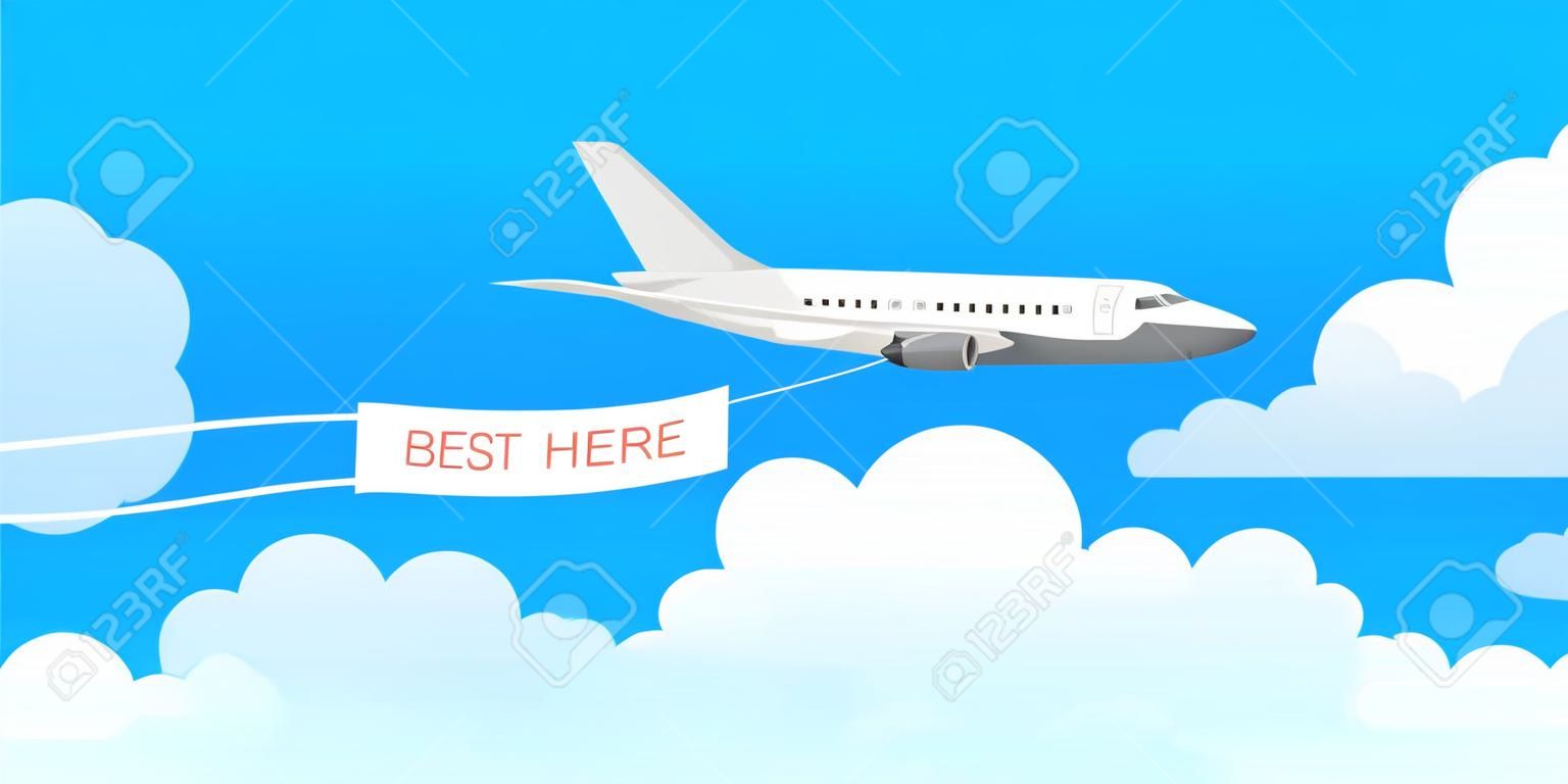 Samolot transparent w stylu płaski. prędkość samolotu odrzutowiec z wstążką banner reklamowy w zachmurzonym niebie. ilustracji wektorowych.