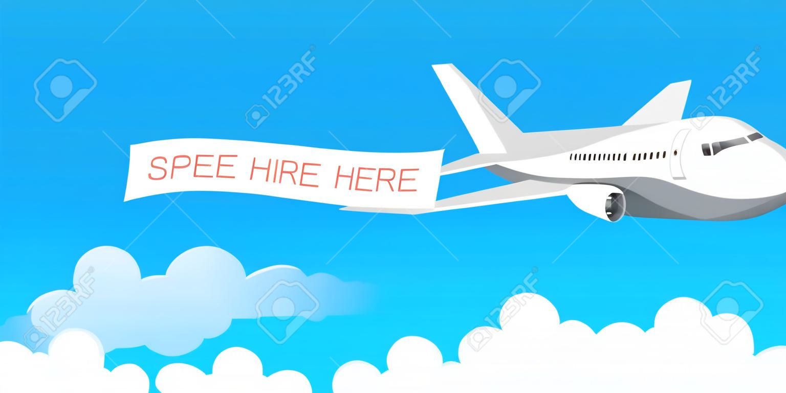 Banner di aeroplano in stile piatto. VelocitÃ aereo aereo jet con banner pubblicitario nastro nel cielo nuvoloso. Illustrazione di riserva di vettore.