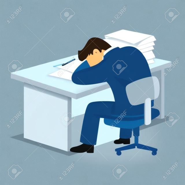Simple cartoon of a businessman too much work tired sleepy sitting at his desk with documents
