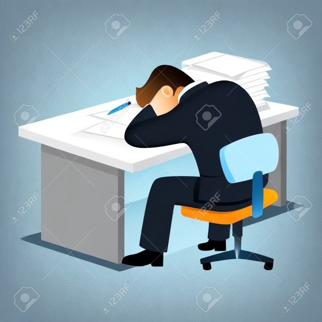 Simple cartoon of a businessman too much work tired sleepy sitting at his desk with documents
