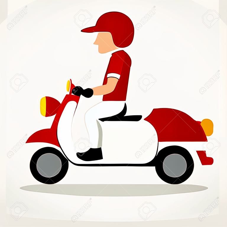 Eenvoudige cartoon van levering man rijden rode motorfiets of scooter geïsoleerd op witte achtergrond