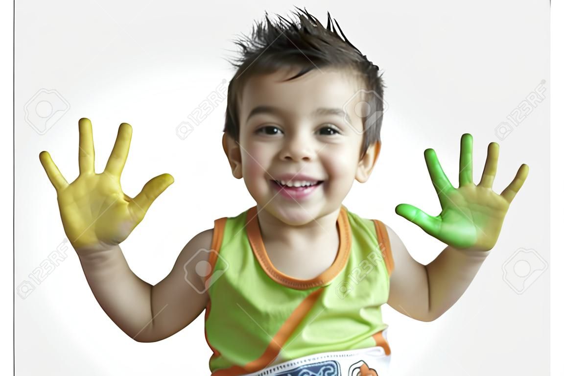 Children colored hands. Little boy hands.White isolated