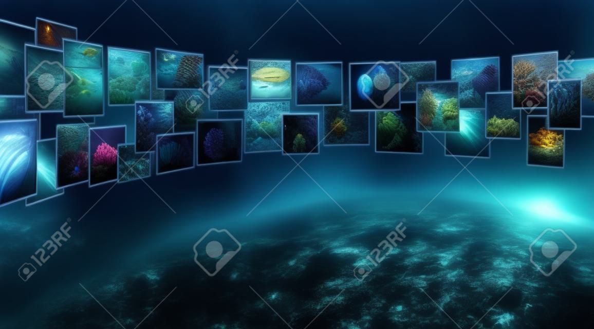 Perspective of images streaming from the deep on dark background