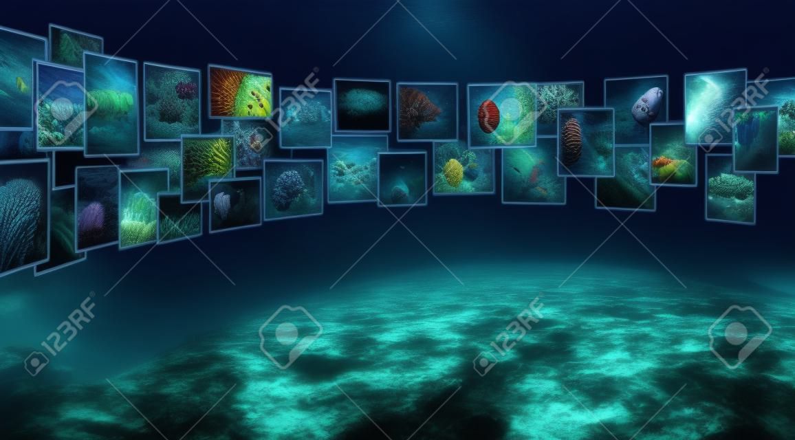 Perspective of images streaming from the deep on dark background