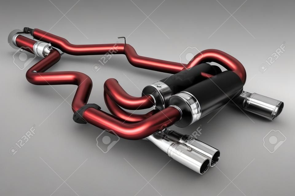 Tuning exhaust system for a sports car. Car muffler, exhaust silencer on a white background