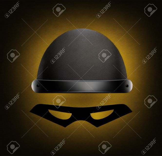 Chapéu de bandido preto com máscara. Chapéu redondo de roubo com óculos de proteção como símbolo do crime e camuflagem de ganster para espião perigoso e hacker vetorial