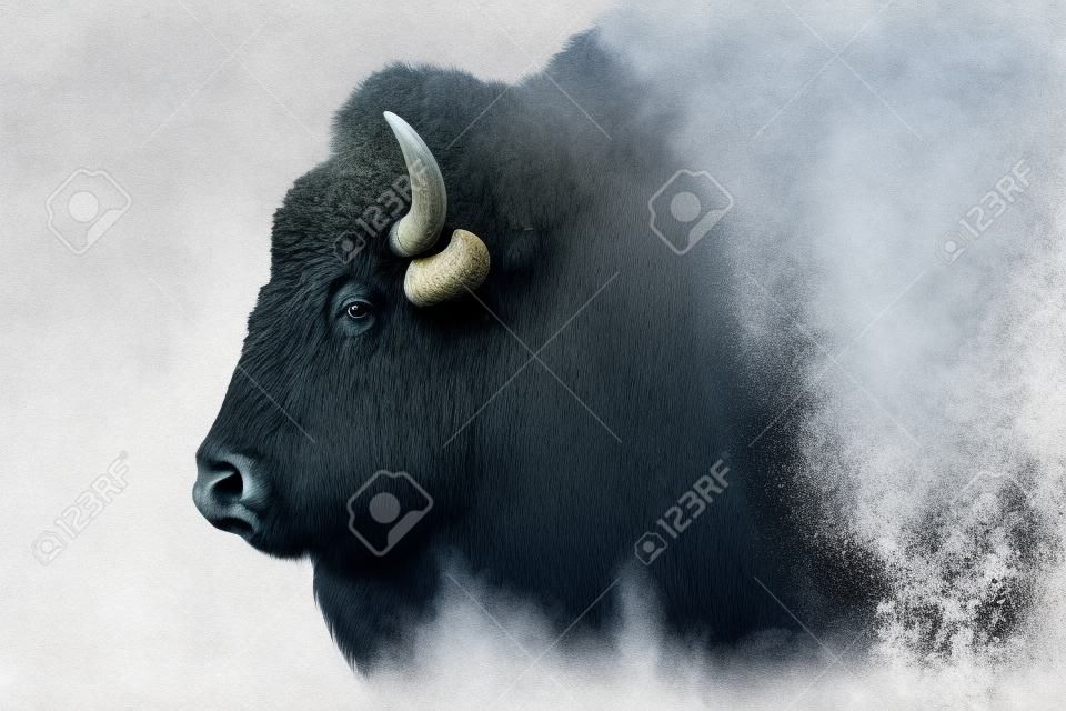 Adulto búfalo con cuernos aislados en un fondo blanco