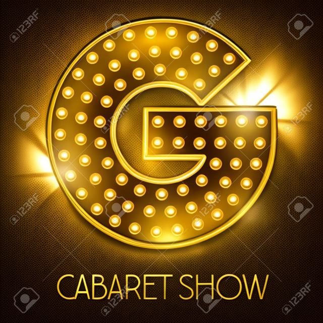Vector shiny gold lamp alphabet in cabaret show style. Letter G