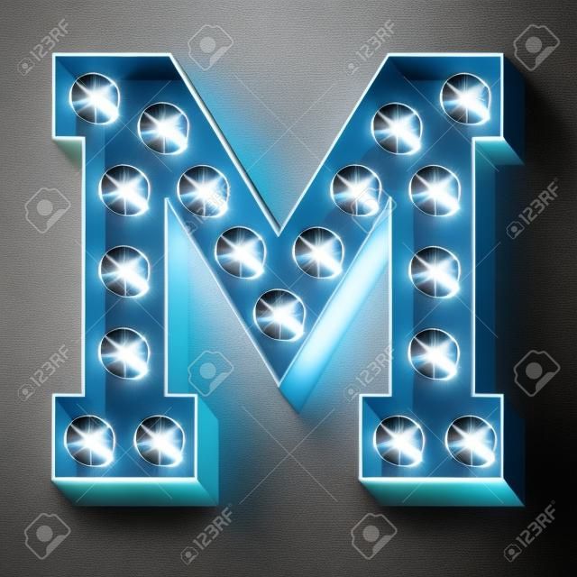 Vector luce splendente fino lampada alfabeto in caratteri duri. lettera M