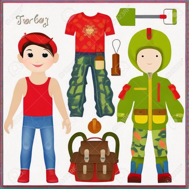 Puppe aus Papier mit einer Reihe von Kleidung. Kleidung und Zubehör für Camping-Ausflug. Vorlage zum Schneiden.