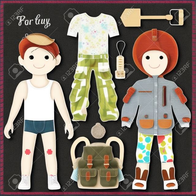 紙の人形服のセットを。衣類やアクセサリーのキャンプ旅行のため。切削用のテンプレート。