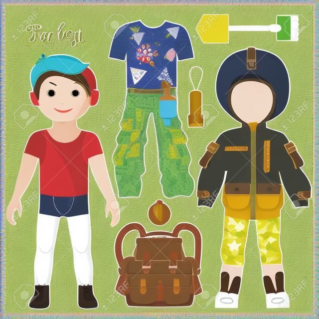 Puppe aus Papier mit einer Reihe von Kleidung. Kleidung und Zubehör für Camping-Ausflug. Vorlage zum Schneiden.