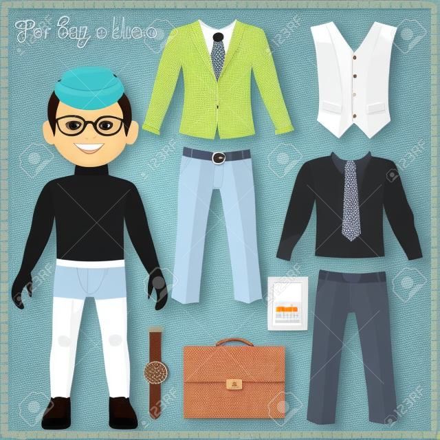 Puppe aus Papier mit einer Reihe von Kleidung. Business-Stil. Niedliche trendy Junge. Vorlage zum Schneiden.