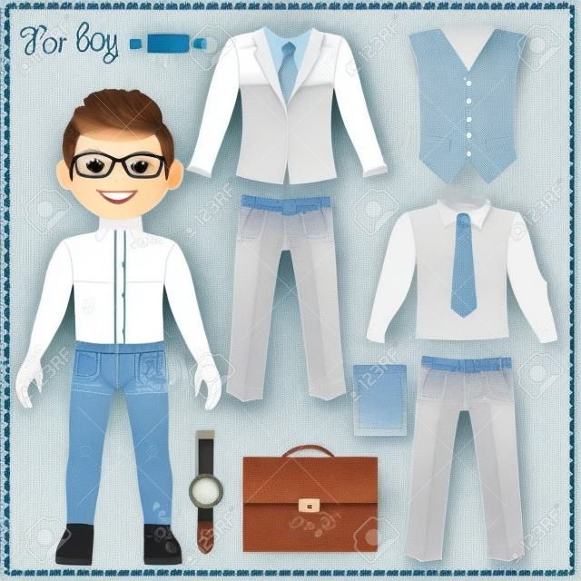 紙人形の服のセットです。ビジネス スタイルです。かわいいおしゃれな少年。切削のテンプレートです。