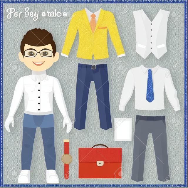 Paper doll with a set of clothes. Business style. Cute trendy boy. Template for cutting.