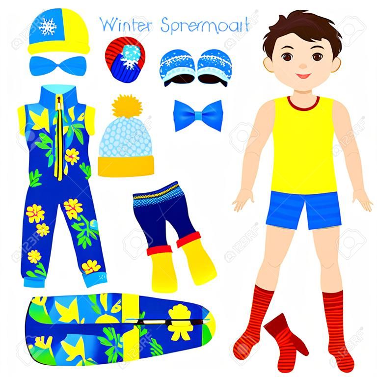 紙人形の服のセットです。冬のスポーツウェア。かわいいおしゃれな少年。切削のテンプレートです。