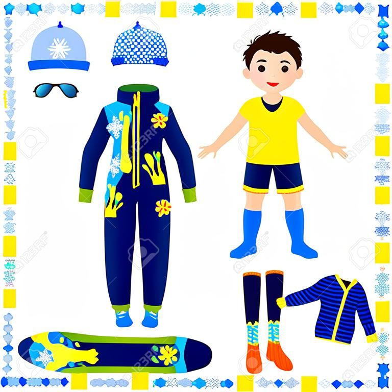 Puppe aus Papier mit einer Reihe von Kleidung. Wintersportbekleidung. Niedliche trendy Junge. Vorlage zum Schneiden.