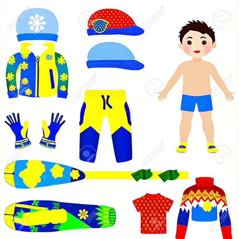 Paper doll with a set of clothes. Winter sportswear. Cute trendy boy. Template for cutting.