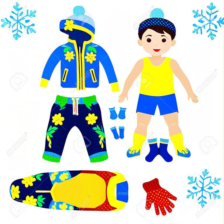 Paper doll with a set of clothes. Winter sportswear. Cute trendy boy. Template for cutting.