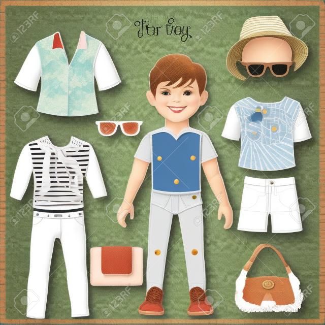 Papieren pop met een set van modieuze kleding. Leuke trendy jongen. Template voor het snijden. Summer Collectie