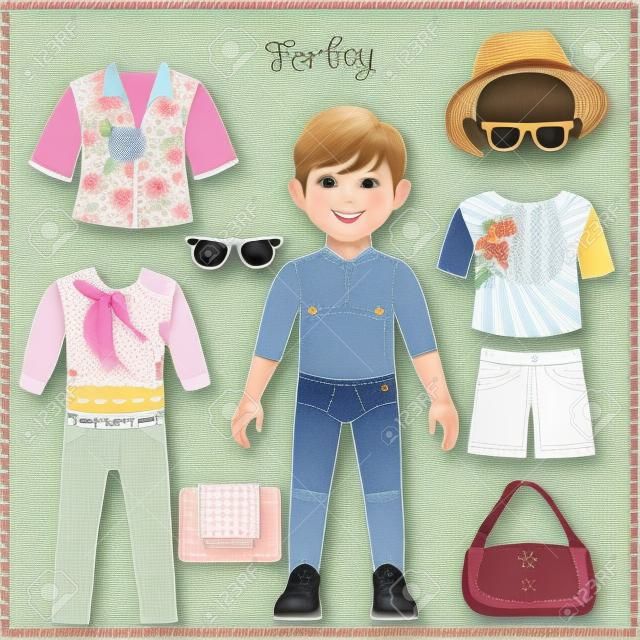 Paper doll with a set of fashionable clothing. Cute trendy boy. Template for cutting. Summer Collection