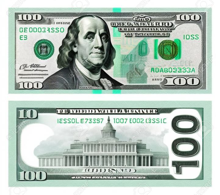 Front and back view of a hundred dollar bill on isolated white background. Top view.