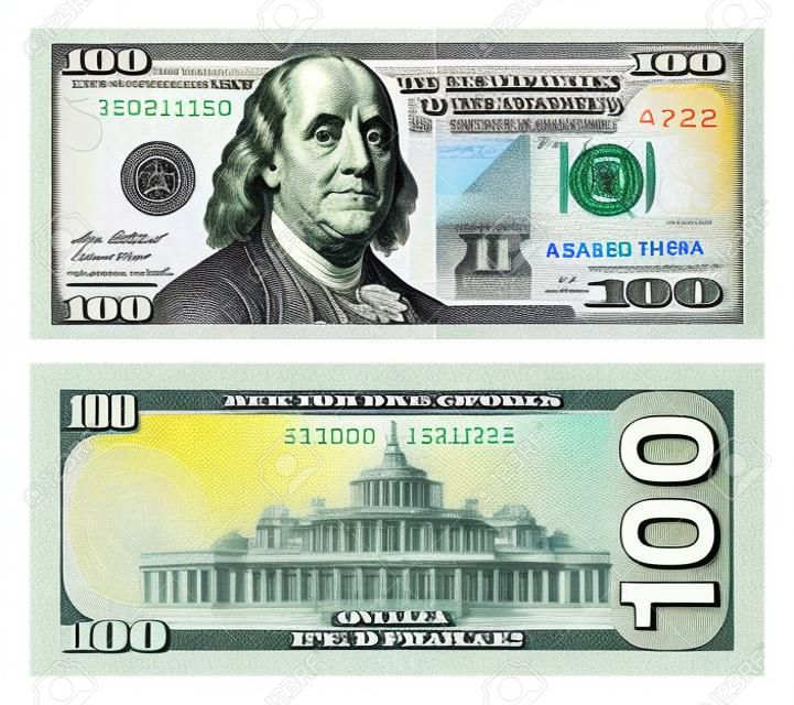Vista frontal y posterior de un billete de cien dólares sobre fondo blanco aislado. Vista superior.