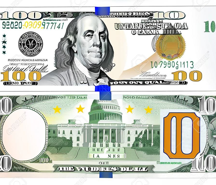Vista frontal e traseira de uma nota de cem dólares em fundo branco isolado. Vista superior.