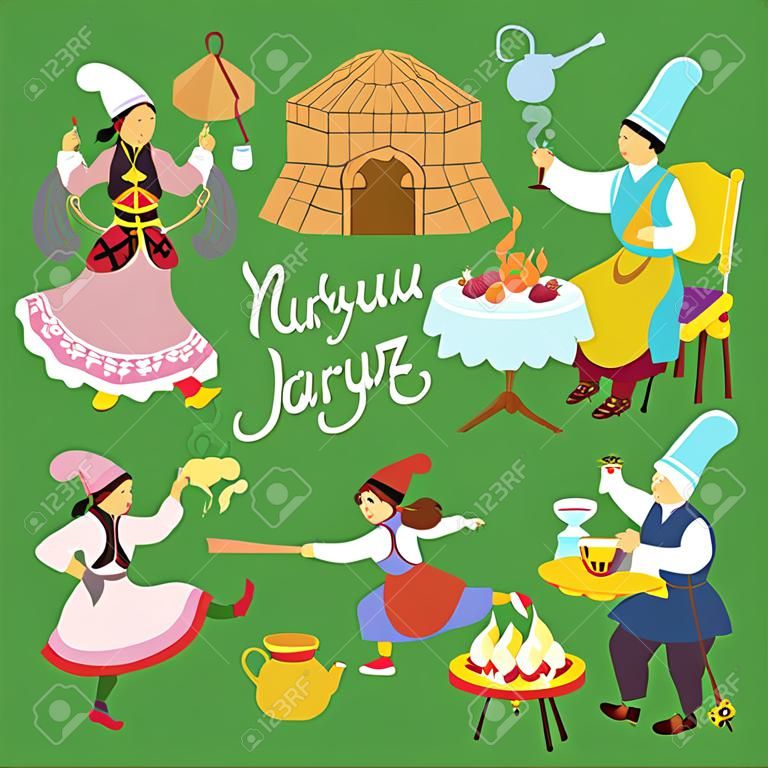 Conjunto de elementos sobre o tema de Nauryz. Kazakhs dançar, jogar, cozinhar. Pessoas idosas beber chá. Yurts. As luminárias. A inscrição em Kazakh languag Parabéns sobre Nauryz