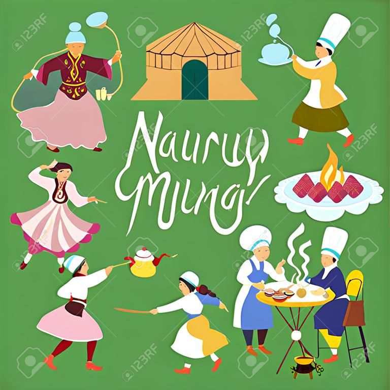 Zestaw elementów na temat nauryz. Kazachowie tańczą, bawią się, gotują. starzy ludzie piją herbatę. jurty. luminarze. napis w języku kazachskim gratulacje dla nauryza