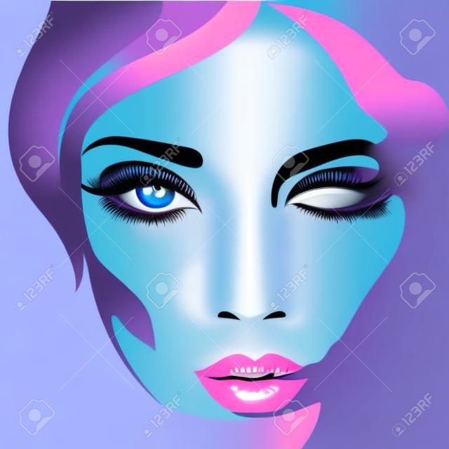 Womans face. Vector illustration. Realistic pink lips ann blue eyes with chic eyelashes