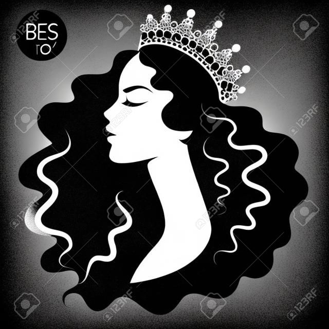 Queen. Woman in crown. Black and white silhouette. Vector illustration of princess