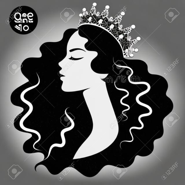 Reine. Femme en couronne. Silhouette noire et blanche. Illustration vectorielle de princesse