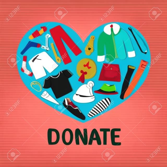 Vector Illustration of Clothes Donation in Flat Style. Concept for Charity Day. Illustration of Giving Help in Heart Shape. Social Care and Charity Concept of Different Clothing with Word Donate